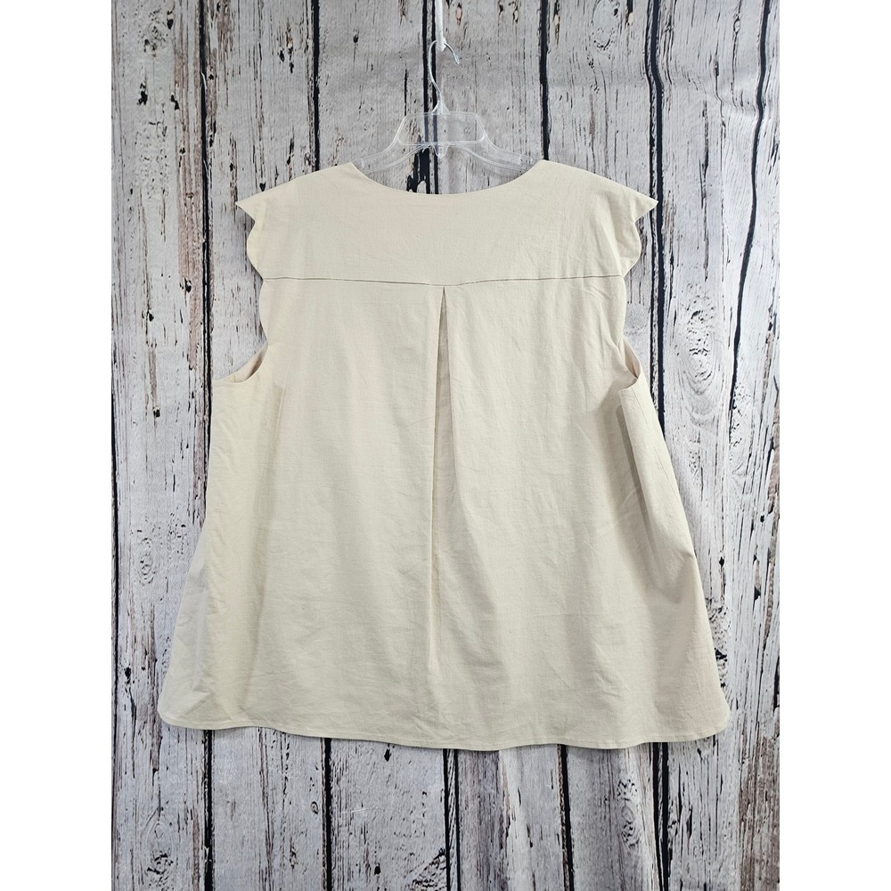 Preston & York Blouse Women 18 Beige Solid Linen Blend Split Neck Cap Sleeve GUC - Picture 3 of 4